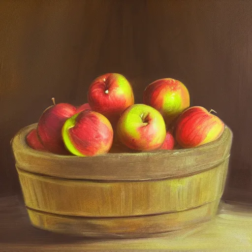 Image similar to oil painting of a barrel of apples in a tavern im medieval setting, low light, dwarves, HD, 4K, digital art