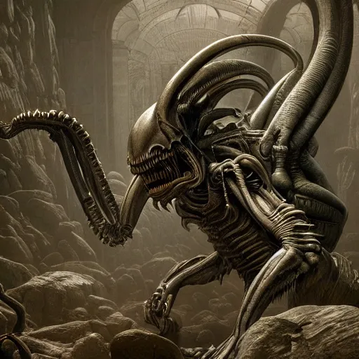 Prompt: photorealistic demonic xenomorph in the style of michael whelan and gustave dore. hyperdetailed photorealism by greg rutkowski. 1 0 8 megapixels, 3 d finalrender, cinematic lighting