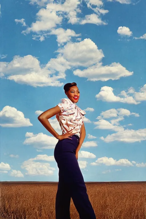 Prompt: full body portrait of megan good in the style of bill medcalf, mario testino, blue sky with a few clouds, retro, 1 9 5 0, 4 k, detailed, 1 / 3 headroom, cinematic rule of thirds