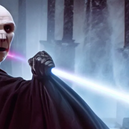 Image similar to voldemort vs darth vader, movie still photo,