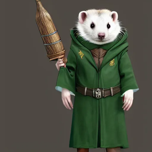 Prompt: a anthropomorphic ferret is dressed as a hogwarts student in slytherin robes, hyperdetailed, artstation, cgsociety, 8 k