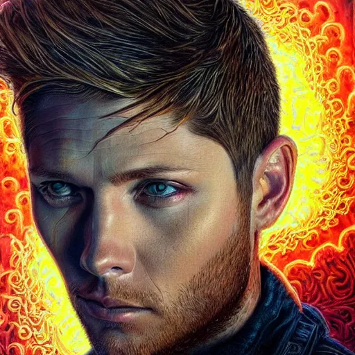 Image similar to portrait of jensen ackles, hyper detailed masterpiece, neon floral pattern, jean giraud, digital art painting, darkwave goth aesthetic, psychedelic, artgerm, donato giancola and tom bagshaw