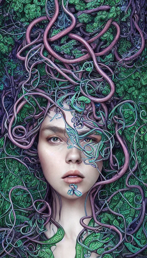 Prompt: very detailed portrait of a 2 0 years old girl surrounded by tentacles, the youg woman visage is blooming from fractal and vines, by android jones,