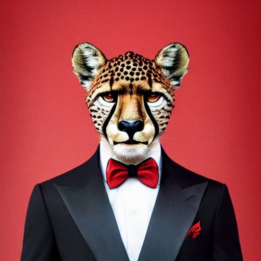 Image similar to a studio photograph of a red cheetah wearing a tuxedo suit,professional photography,studio lighting,studio photo,professional lighting,3 point lighting,dramatic,4k,detailed face,hyperdetailed,photorealistic,digital art,ultra realistic,ultra detailed,art by greg rutkowski