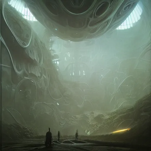 Prompt: epic alien jungle by zdzisław beksinski, greg rutkowski inside a giant futuristic space by zaha hadid, inspired by the movie matrix