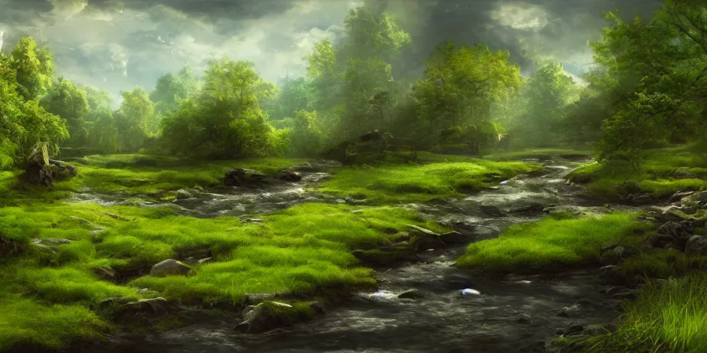 Image similar to a babbling brook on a green field, matte painting, concept art, 4k