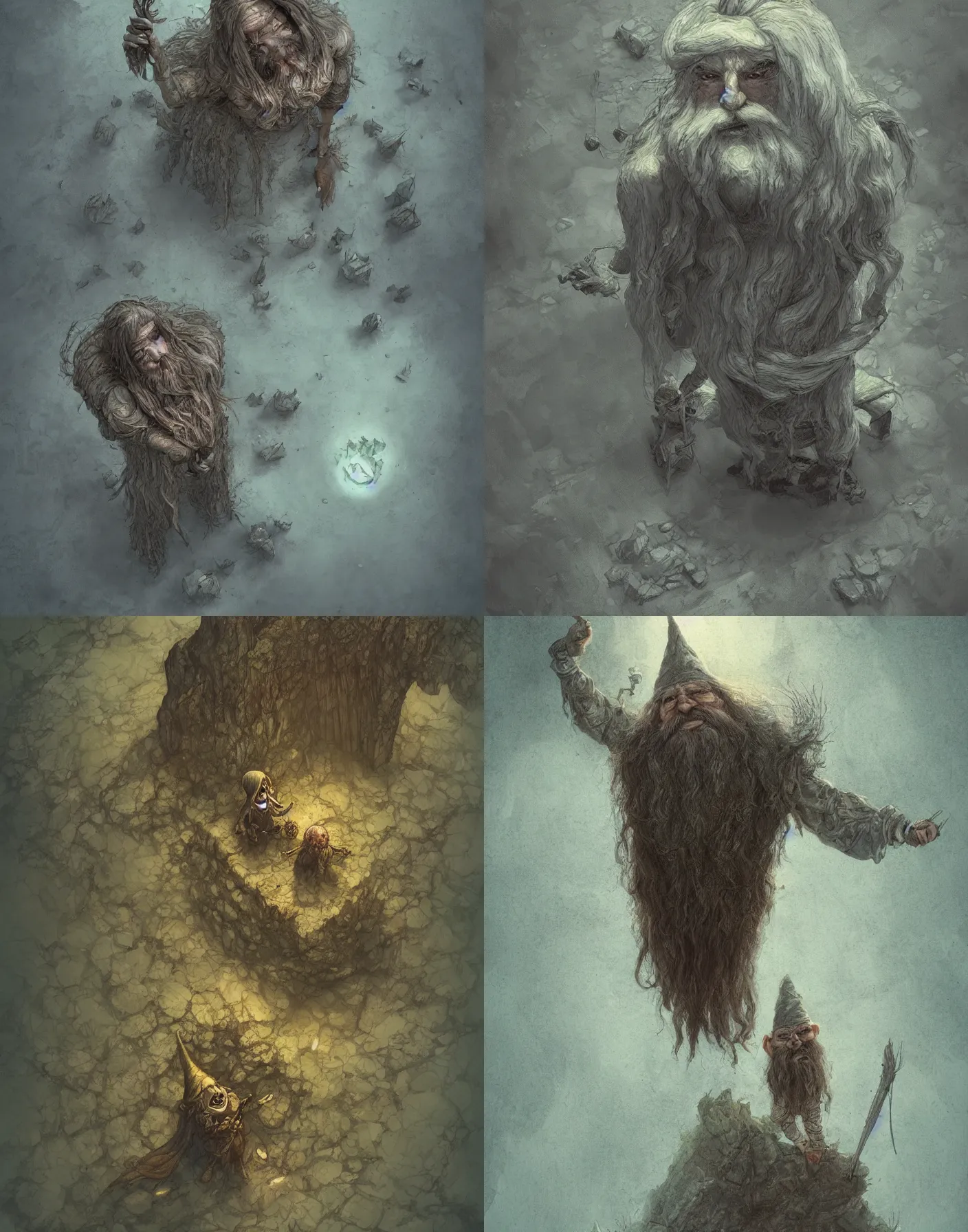 Prompt: aerial view of a gnome with long hairs in alan lee and marc simonetti and emil melmoth style , cinematic lighting