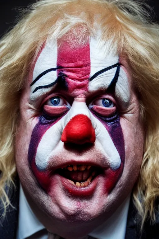 Prompt: smiling boris johnson wearing clown makeup, anatomically correct, photography portrait, hyper realistic, 8 k, highly detailed