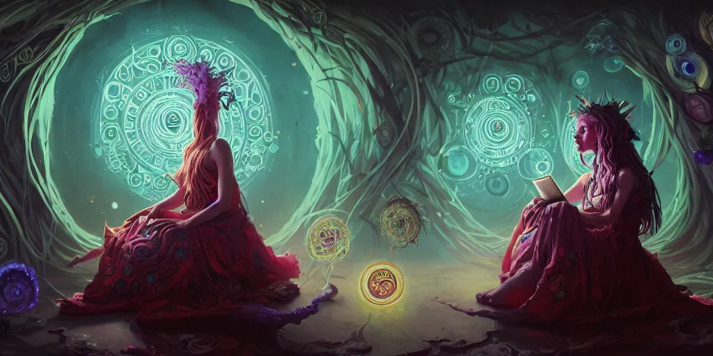 Prompt: wide shot picture of a maximalist dress witch sitting on the floor and researching about the azathoth, extremely beautiful and aesthetic and detailed cute face and eyes, very huge magic circles on hand, with familiar sprites, in the magic room, chiaroscuro, intricate, masterpiece, fantasy illustrations by anato finnstark and jeremy lipking and peter mohrbacher