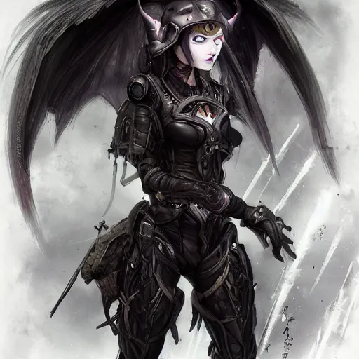 Image similar to portrait of a female dark elf witch by ayami kojima, she is about 2 0 years old, american, black hair, introvert, she is wearing a modern tactical gear, scifi, highly detailed portrait, digital painting, artstation, concept art, smooth, sharp foccus ilustration, artstation hq