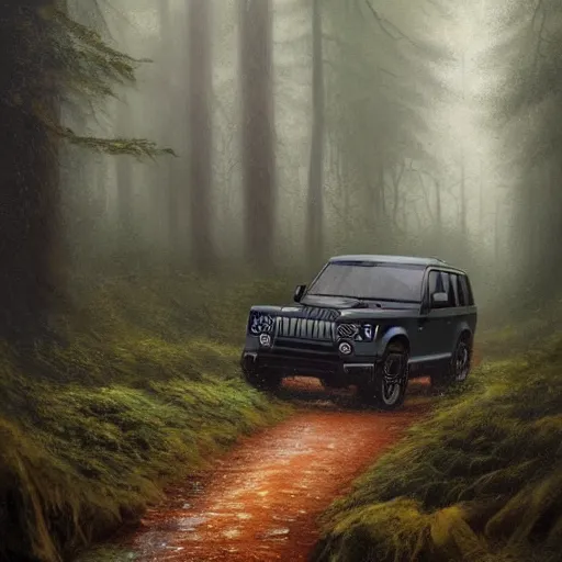 Image similar to a landrover crossing a forest path while its raining, digital art, artstation, photgraphy, highly detailed, digital painting, artstation, concept art, sharp focus, illustration, art by greg rutkowski and artgerm