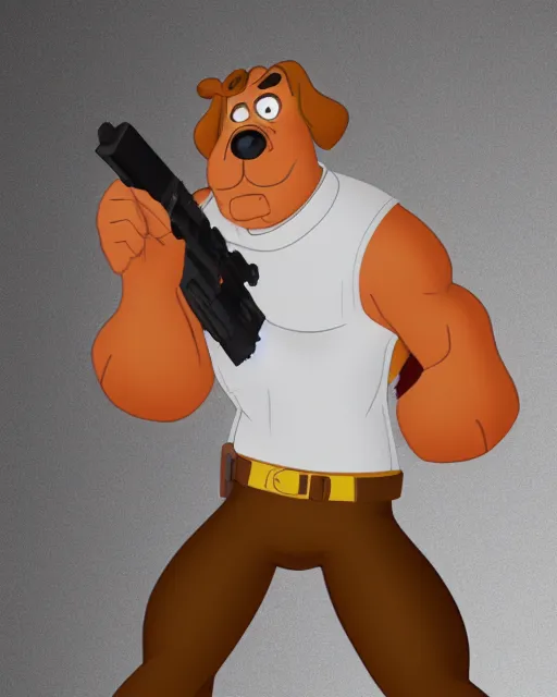 Image similar to Scooby Doo holding a gun, studio lighting, white background, blender, trending on artstation, 8k, highly detailed