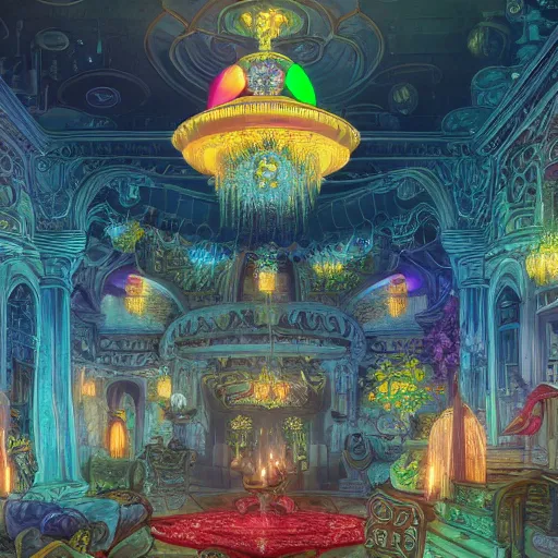 Prompt: toad singing chandelier, hyperrealistic anime illustration by iralki nadar, colorful, extremely detailed, intricate linework, super sharp focus, bright colors, octopath traveler, studio ghibli, unreal engine 5 highly rendered, global illumination, radiant light, detailed and intricate environment