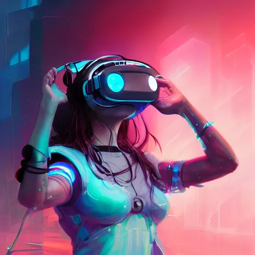 Prompt: portrait of a beautiful cybernetic raver girl wearing a oculus rift headset, cyberpunk concept art by pete mohrbacher and artgerm and wlop and deathburger and syd mead, digital art, highly detailed, intricate, sci-fi, neon colors, sharp focus, Trending on Artstation HQ, deviantart, unreal engine 5, 4K UHD image