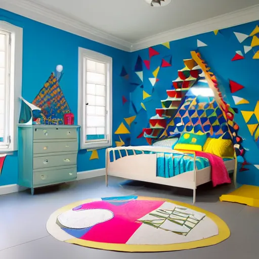 Image similar to furnishing catalog photography, children's room. The walls are decorated with triangles of all colors that explode towards the ceiling