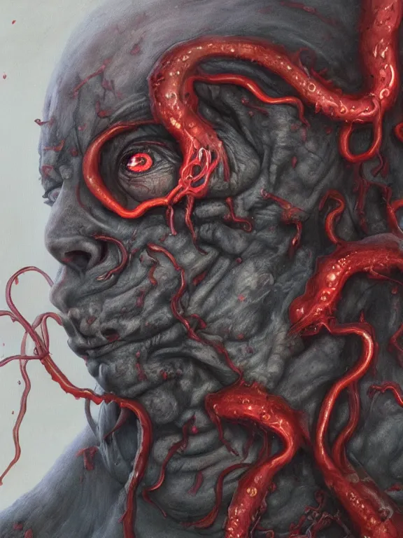 Image similar to wayne barlowe painting of a flying sorrowful looking severed human head with tears running down it's eyes, face that is chalk white in color, with long white tentacles stemming from it's neck, fiery scorching red eyes, background sprawling terrifying hellish cave with lava flowing through it's walls, 4 k