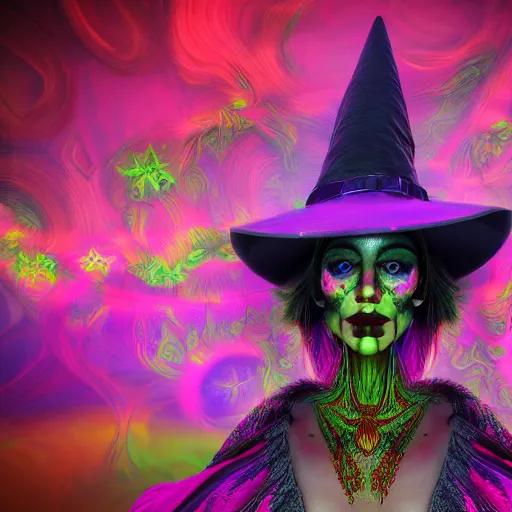 Image similar to psychadelic witch with a witch hat, hyper detailed, flowing psychadelic background intricate and detailed, 8 k, octane render