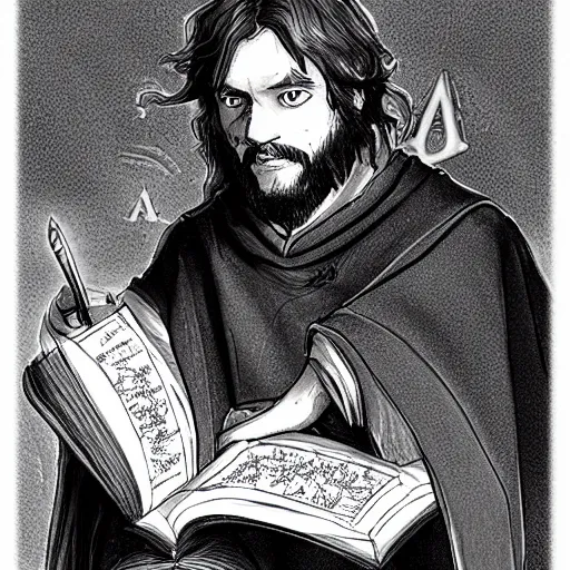 Prompt: Young John Malkovich with short brown hair and brown beard in a cloak, studying a spellbook, half-elf Divination Wizard Pathfinder character art d&d character portrait