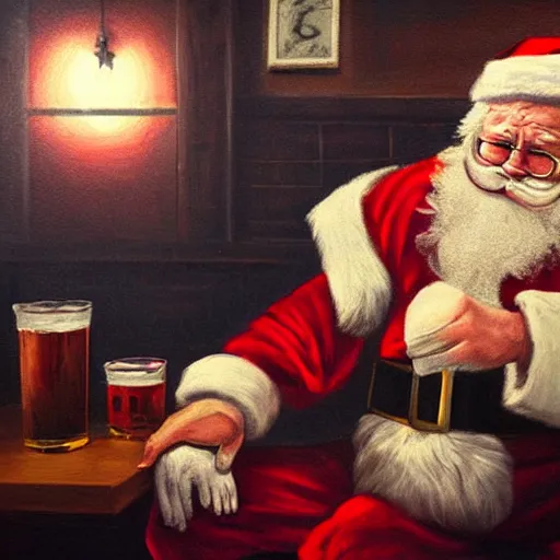 Image similar to santa claus depressed having a drink at a bar, painting, somber, moody lighting