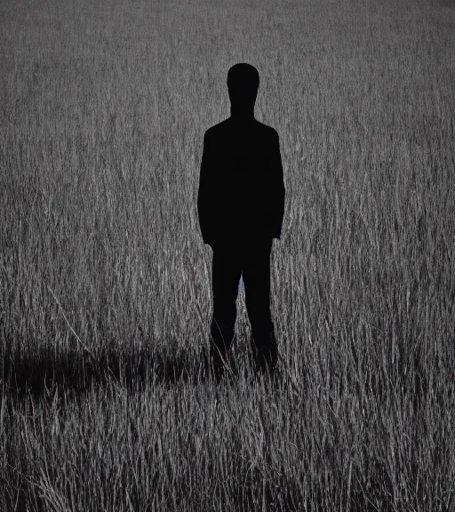 Prompt: tall shadow person figure standing in meadow of grass, film photo, grainy, high detail, high resolution