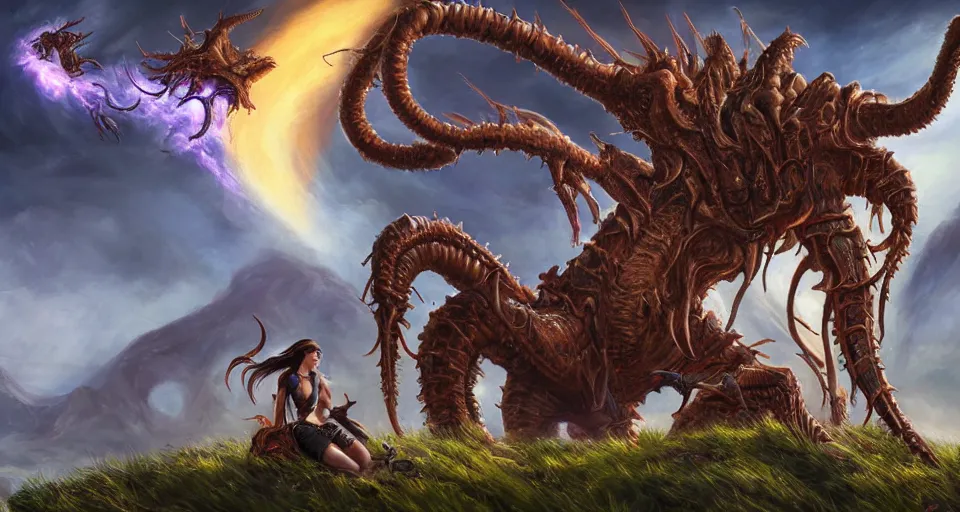 Prompt: a painting of Kerrigan and a hydralisk on a hill, a screenshot by Zack Snyder, behance contest winner, starcraft, concert poster, behance hd, movie poster,