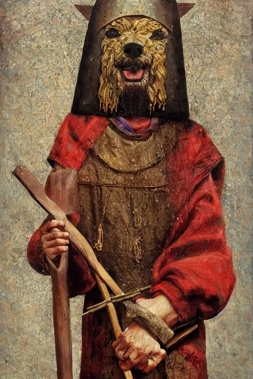 Prompt: Slavic dog head man, woolen torso in medieval clothes, holding an ax, Orthodox Saint Christopher, oil painting, hyperrealism, beautiful, high resolution, trending on artstation,