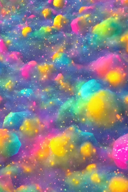 Image similar to geometric 3 d render soft bright pastel rainbow fireball mountains surrounding stars