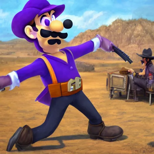 Image similar to waluigi from the mario series dressed as a cowboy holding a big iron revolver fighting outlaws in a town, cinematic still frame oil painting, high detailed painting, greatly illustrated, photo - realistic painting )