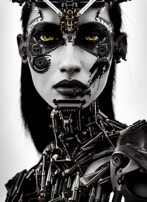 Image similar to a stunning young woman mixed crow mixed cyborg profile face, face is made intricate tribal bio - mechanical, editorial photography, bw, shot on 7 0 mm, depth of field, f / 2. 8, high contrast, 1 6 k, volumetric lighting, shiny, insanely detailed and intricate, hypermaximalist, elegant, ornate, hyper realistic, super detailed