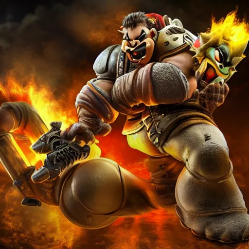 Prompt: Bowser!!!! from the Super ((((Mario)))) videogame series as the main character in Gears of War, highly detailed, high quality, HD, 4k, 8k, Canon 300mm, professional photographer, 40mp, lifelike, top-rated, award winning, realistic, sharp, no blur, edited, corrected, trending