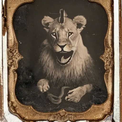 Prompt: tintype photo of a lion with a snake in his mouth