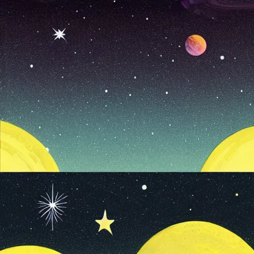 Prompt: « calming illustration of a foreign sky with colorful stars and planets »