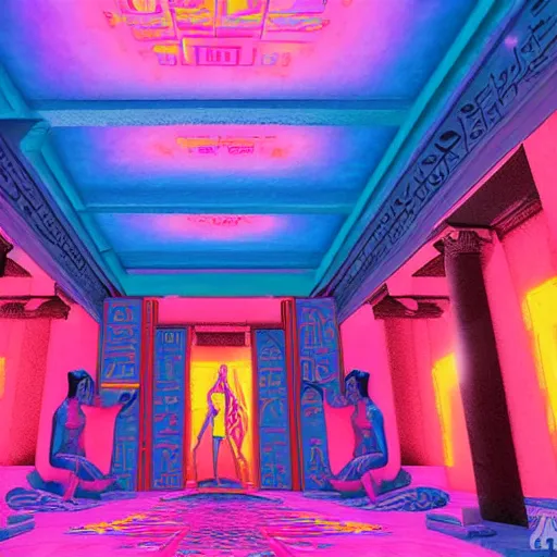 Image similar to a ancient egypt palace covered with blue and pink neons, retrowave art, trending on art station