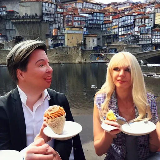 Image similar to a blonde woman & Michael mcintyre eating gelato & tea in Porto, greg rutkowski