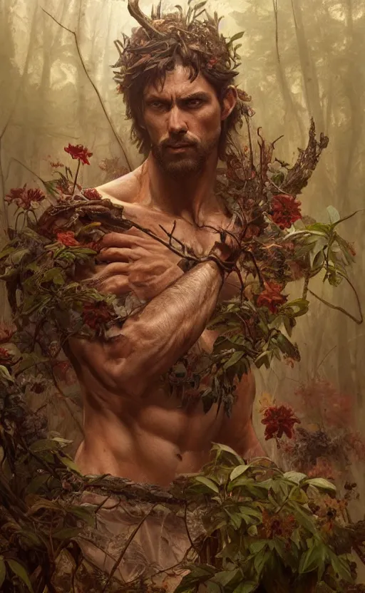 Image similar to god of the forest, 3 0 years old, rugged, handsome, male, detailed face, clean lines, atmospheric lighting, amazing, full body, flowers, muscular, intricate, highly detailed, digital painting, artstation, concept art, sharp focus, illustration, art by greg rutkowski and alphonse mucha