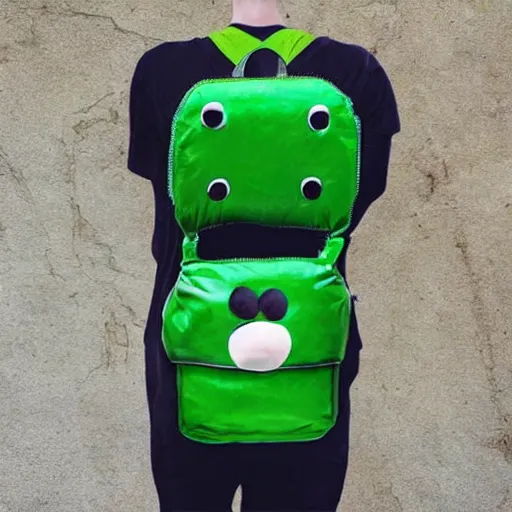 Image similar to big realistic bear standing on two legs, wearing big green bag at his bac, square backpack, photo realistic, high detail, smooth