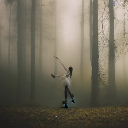 Prompt: an intricate ballerina in the middle of the forest, landscape, moody, fog, cinematic