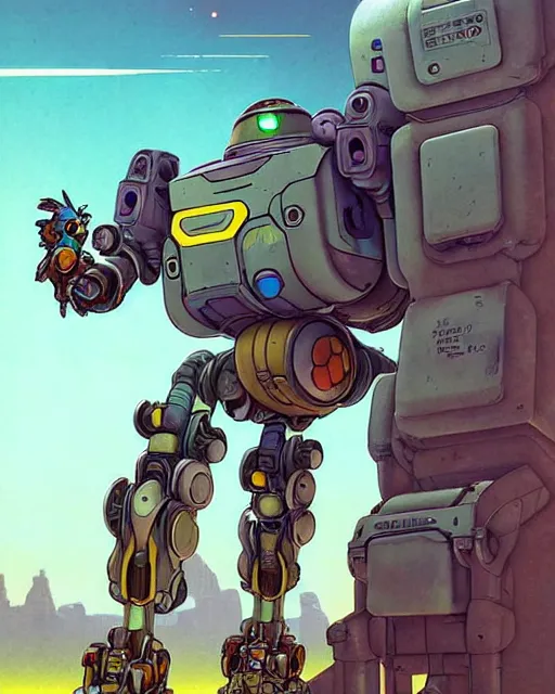 Image similar to bastion the friendly robot from overwatch, with his pet bird, character portrait, portrait, close up, concept art, intricate details, highly detailed, vintage sci - fi poster, retro future, vintage sci - fi art, in the style of chris foss, rodger dean, moebius, michael whelan, katsuhiro otomo, and gustave dore