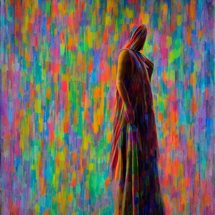 Image similar to colorful rainbow woman portrait raining in a translucent clothing made from plastic bag with paper bags for clothes standing inside paper bags with paper bag over the head at store display, highly detailed, artstation, art by , edward hopper, zdislav beksinski, wayne barlowe