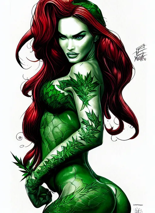 Image similar to symmetrical concpet art, full shot, traditional ink, sketch, of megan fox as poison ivy, line sketch, intricate, elegant, highly detailed, monochrome, digital painting, artstation, concept art, green, black, red ink sharp focus, illustration, art by borderlands 3 and peter polach