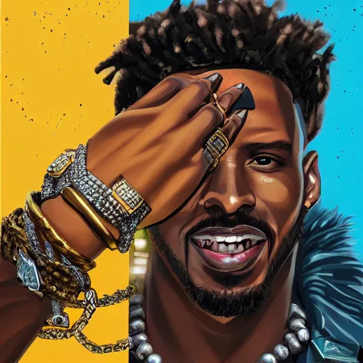 Image similar to a matte painting of killmonger, dripped out, diamonds, diamond chain, gold rings, gold watch, stylish, diamond grill by sachin teng