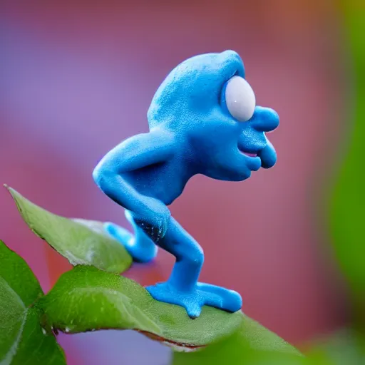 Prompt: close - up photo of a real life smurf, f 1. 4, garden, golden ratio, rim light, top light, overcast day