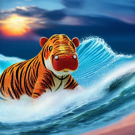 Image similar to a closeup photorealistic photograph of a cute smiling knitted tiger hippopotamus riding an epic wave at sunset. surf in the background. professional capture. brightly lit scene. this 4 k hd image is trending on artstation, featured on behance, well - rendered, extra crisp, features intricate detail, epic composition and the style of unreal engine.