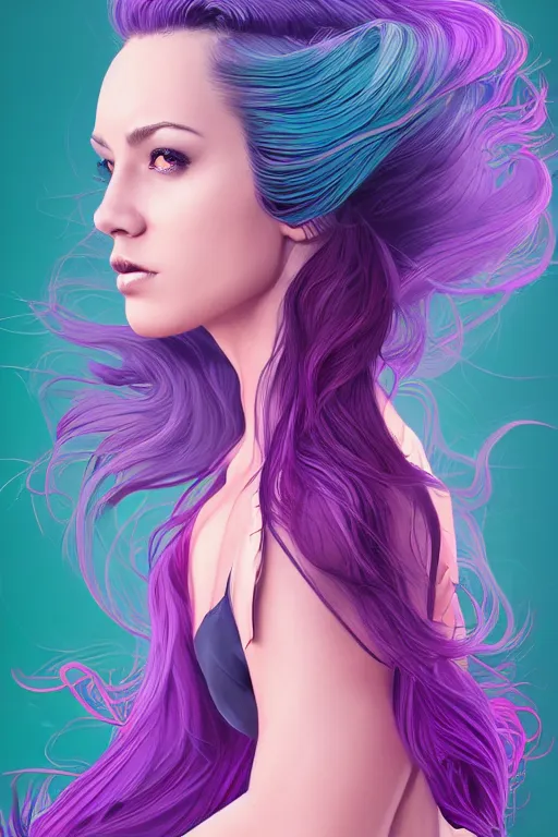 Image similar to a award winning half body porttrait of a beautiful woman in a croptop with ombre purple pink teal hairstyle with head in motion and hair flying by marvel comics and sandra chevelier, outrun, vaporware, illustration, digital art, trending on artstation, highly detailed, fine detail, intricate