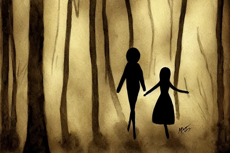 Image similar to mad girl wandering the woods hand in hand with shadow figure artwork by ben templesmith