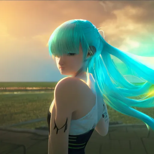 Prompt: hatsune miku, volumetric lighting, beautiful, golden hour, sharp focus, ultra detailed, cgsociety by leesha hannigan, ross tran, thierry doizon, kai carpenter, ignacio fernandez rios, noir photorealism, film