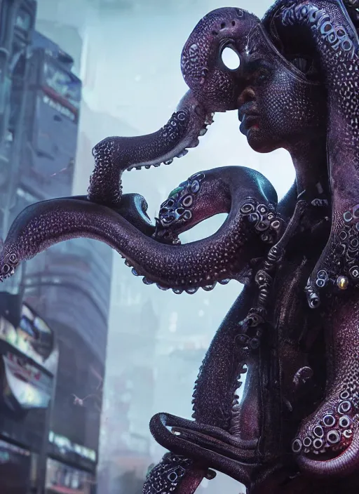 Prompt: hyperrealism, detailed textures, photorealistic 3 d cyberpunk octopus queen in apocalyptic city, futuristic clothing and helmet, ultra realistic, cinematic, intricate, low light, unreal engine 8 k