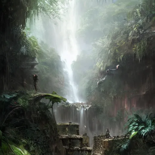 Prompt: a wanderer approaching ancient ruins inside a jungle, waterfall, aztec, painted by raymond swanland, painted by greg rutkowski, painted by jeremy mann, painted by igor kieryluk, trending on artstation