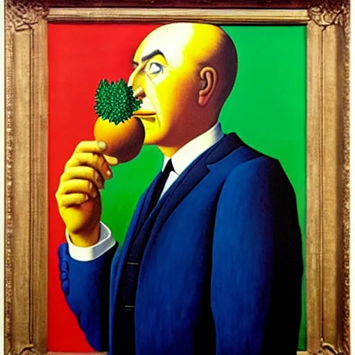 Image similar to a man thinks about what to buy at the grocery store, by rene magritte and salvador dali, oil on canvas