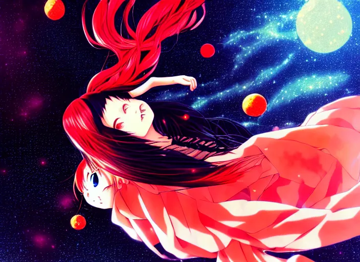 Image similar to anime full portrait of a young girl floating inside a nebula ,omoide emanon, tsuruta kenji, murata range,kawaii, kyoto animation, manga, intricate, detailed, studio lighting, orange red black white, gradation,editorial illustration, matte print, Ilya Kuvshinov